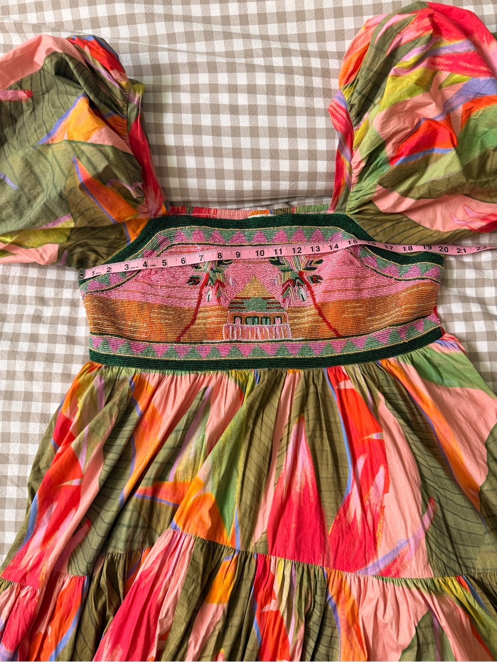 FARM Rio Multicolor Puff-Sleeve Midi Dress — Pink, Green, Orange - Picture 5 of 6